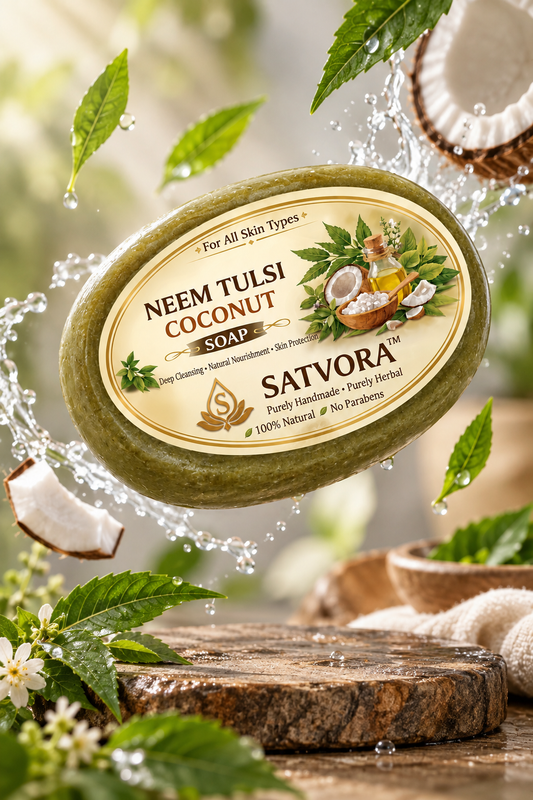 SATVORA Neem Tulsi Coconut Soap | 100% Natural Herbal Handmade Bath Soap | For All Skin Types