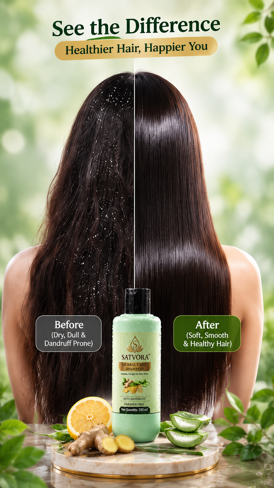 SATVORA Herbal Care Shampoo with Lemon, Ginger & Aloe Vera | Anti-Dandruff | Paraben Free | 250 ml