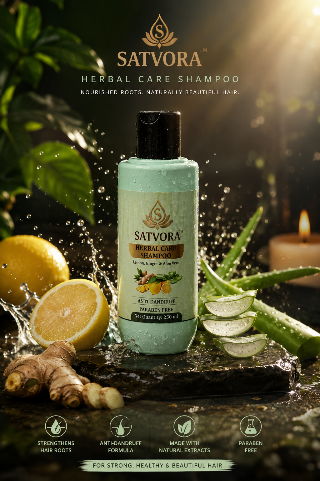 SATVORA Herbal Care Shampoo with Lemon, Ginger & Aloe Vera | Anti-Dandruff | Paraben Free | 250 ml