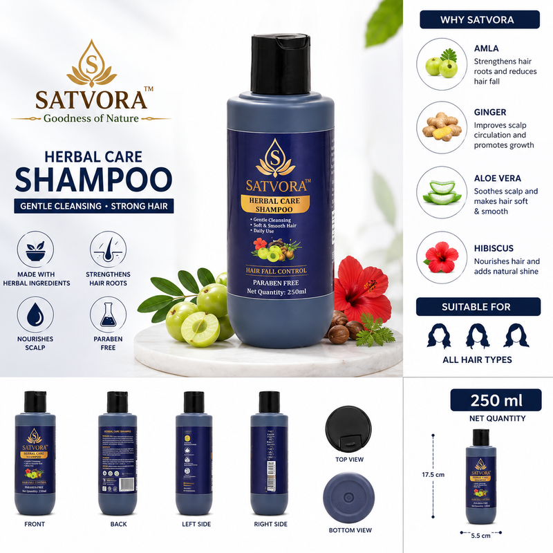 SATVORA Herbal Care Shampoo with Amla, Ginger, Aloe Vera & Hibiscus | Hair Fall Control | Paraben Free | 250 ml