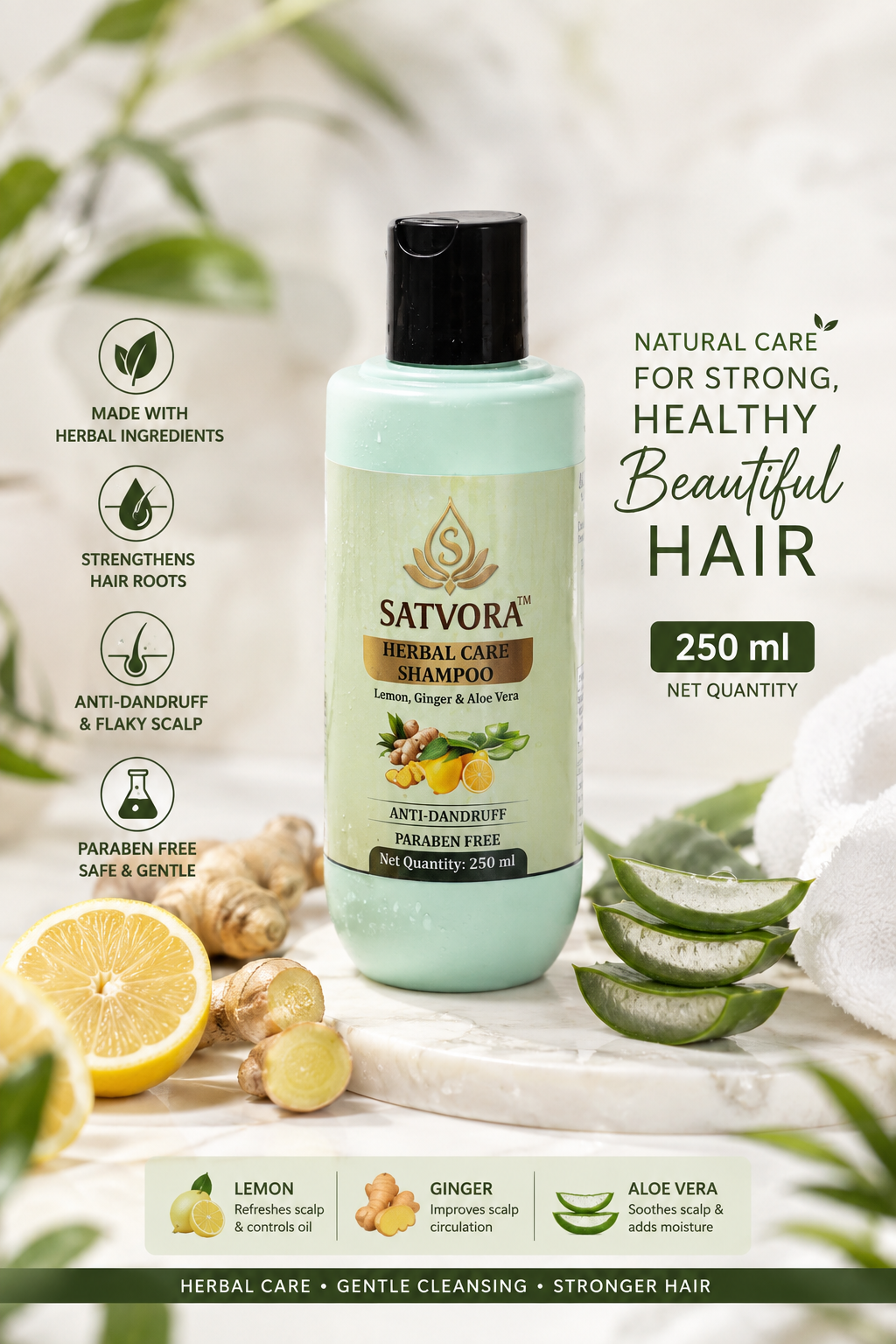 SATVORA Herbal Care Shampoo with Lemon, Ginger & Aloe Vera | Anti-Dandruff | Paraben Free | 250 ml