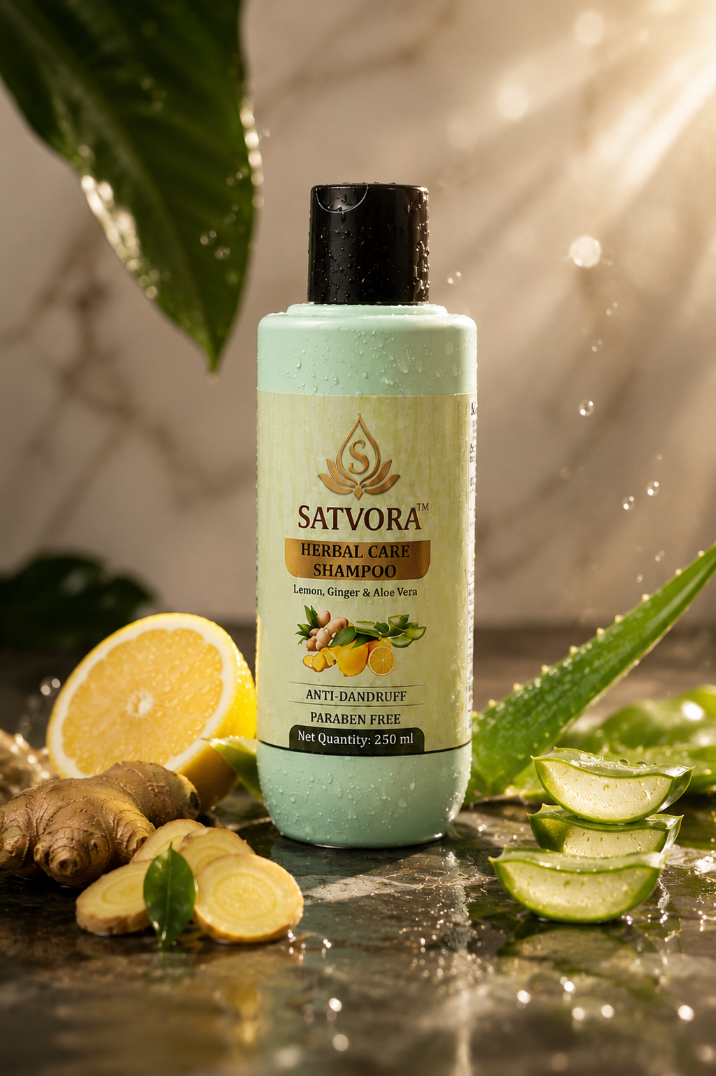 SATVORA Herbal Care Shampoo with Lemon, Ginger & Aloe Vera | Anti-Dandruff | Paraben Free | 250 ml